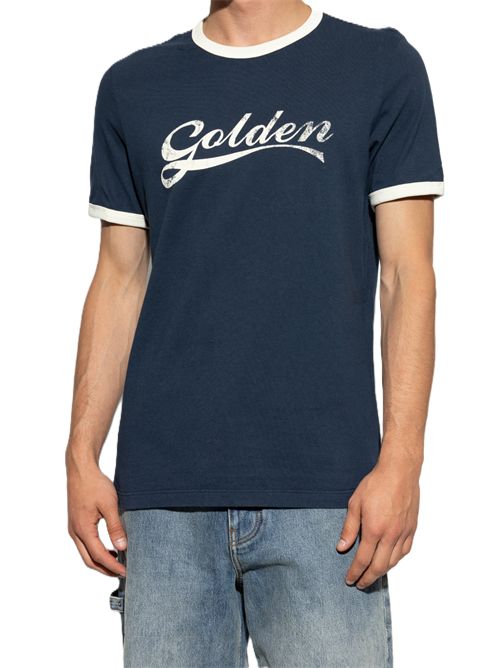 journey m's garment dyed slim t-shirt knitted contrast rib gauze cotton jersey with print Golden Goose | GMP02761.P002624.83134BLUE/ HERITAGE WHITE